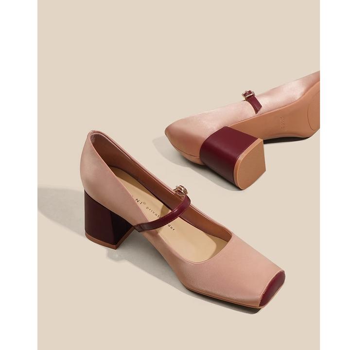 meichen/美晨粉色小众设计高级感奶奶鞋猪鼻子方头粗跟玛丽珍单鞋