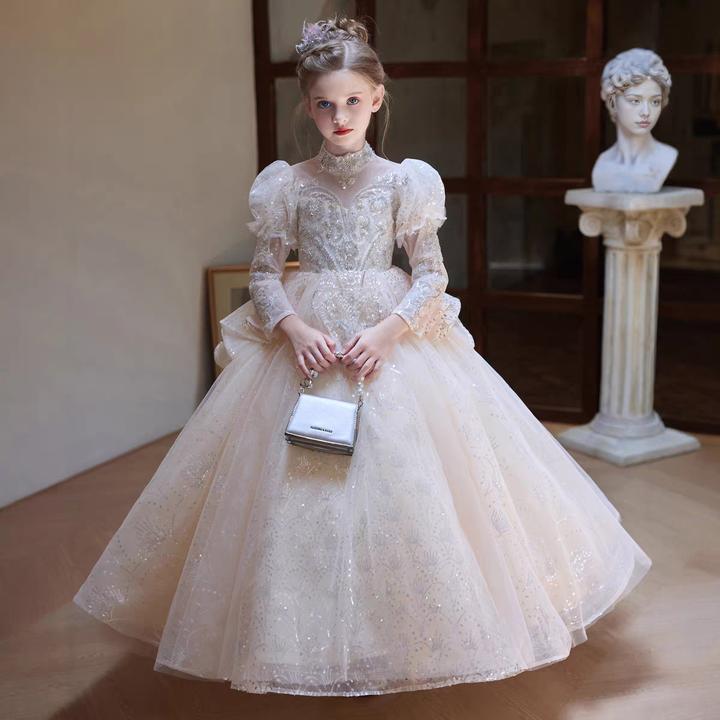 儿童主持人晚礼服高端长袖秋冬女童生日走秀花童气质洋气