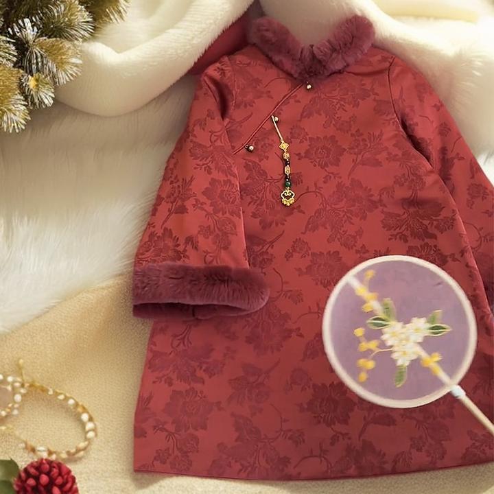 现货新年款【岁岁平安】女童新中式夹棉长袖裙2024新款儿童冬季棉服