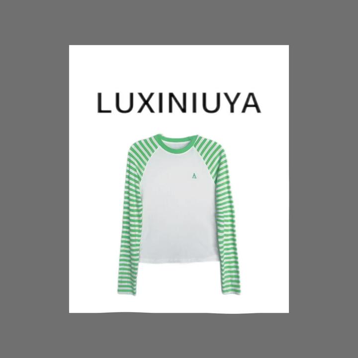 【LUXINIUYA】基础条纹控 羊毛天丝条纹拼接撞色长袖上衣#S0721