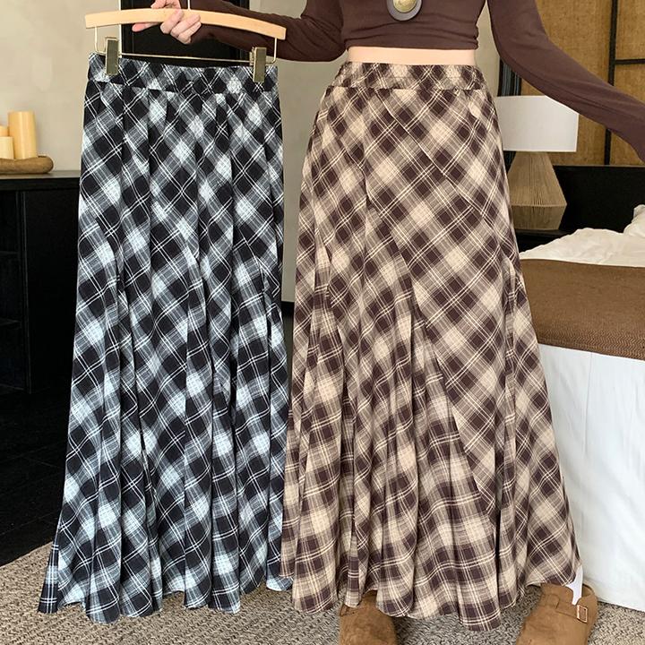 秋装新款胖mm大码女高腰显瘦垂坠感中长款格子半身裙23035【0049】