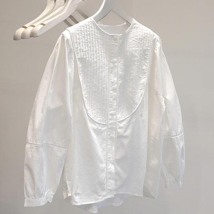 气质精致风琴衫法式白色灯笼长袖衬衫女宽松正肩设计感小众上衣秋