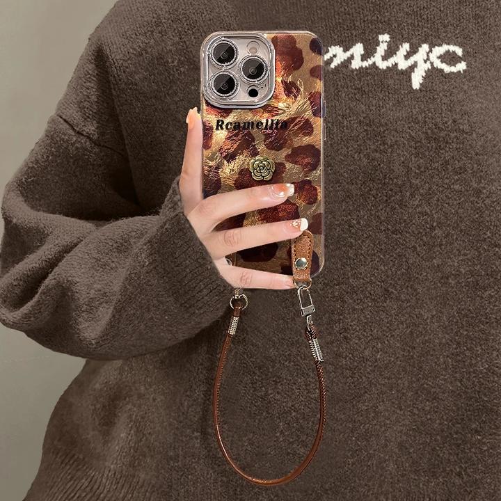 豹纹山茶花适用苹果16promax手机壳iphone17pro高级苹果15pro新款