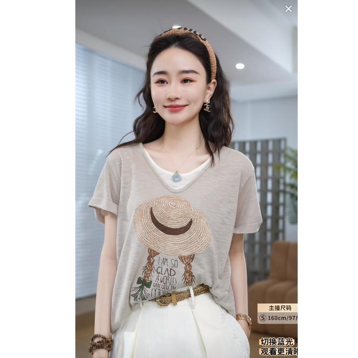 HELAAOMI “草帽少女”设计感V领草帽印花假两件短袖上衣CY5BC32410