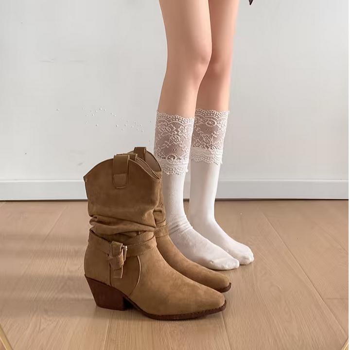 南在南方复古粗跟西部牛仔靴女2025新款秋季配裙子显瘦增高短靴子