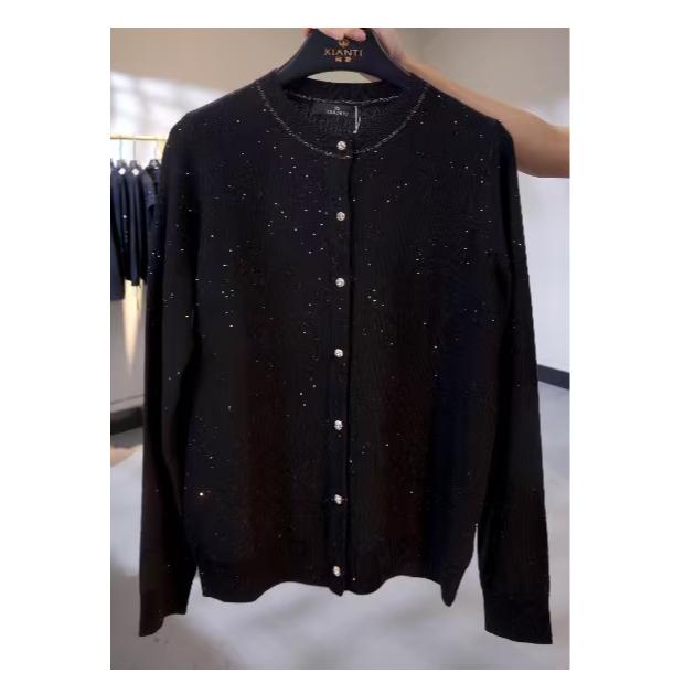 星空高品质百搭时尚女装羊毛圆领撞边长袖针织开衫上衣女-2517131