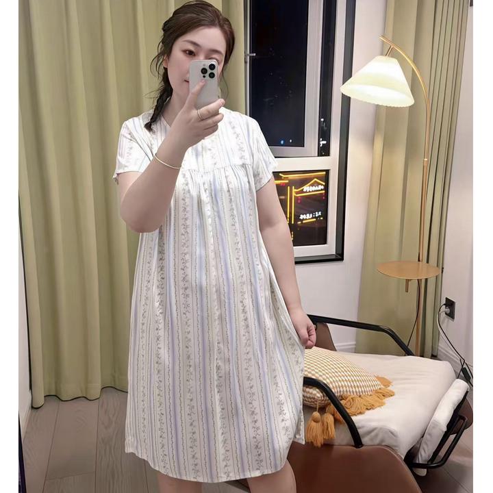 睡裙女夏季薄款棉绸短袖连衣裙子人造棉睡衣中老年大码宽松居家服