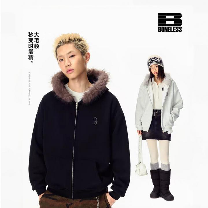 BONELESS金属哥特B毛领连帽开衫卫衣秋冬宽松休闲情侣拉链外套潮