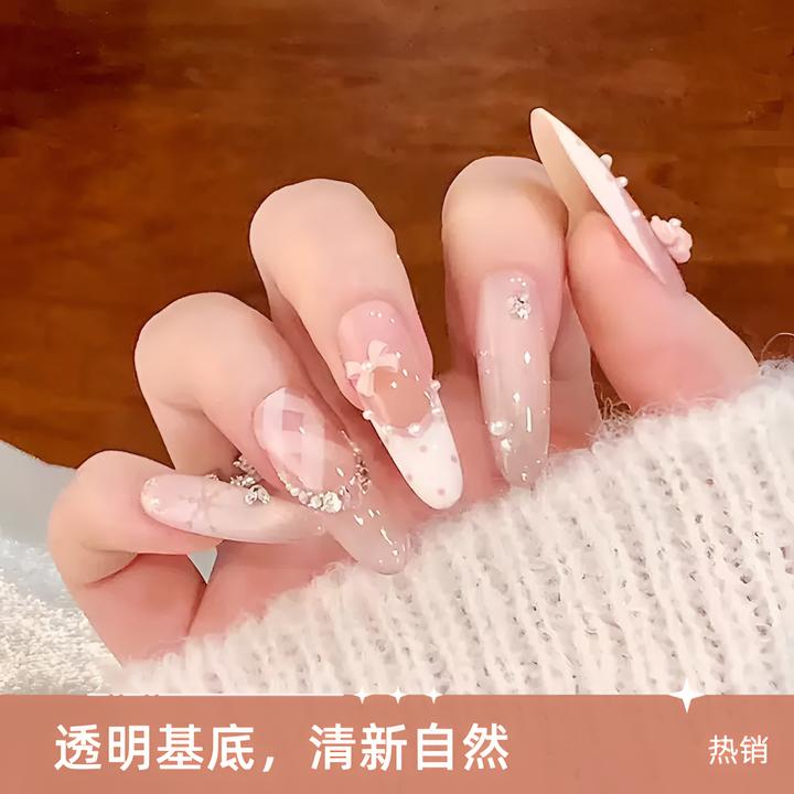 秋冬温柔甜美粉嫩蝴蝶结法式高级美甲轻奢波点穿戴甲穿戴甲秋冬款