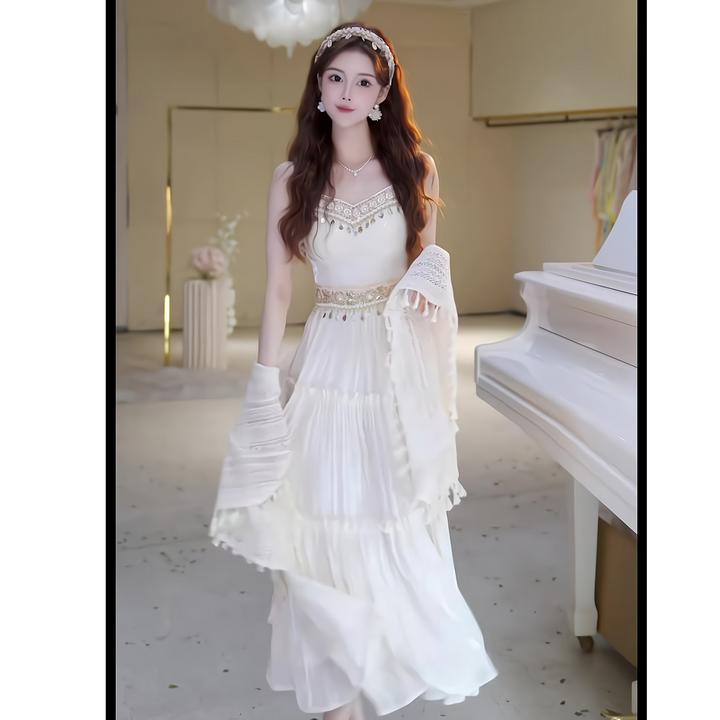 轻奢款西域律动重工刺绣拼接吊带连衣裙度假裙加披肩套装