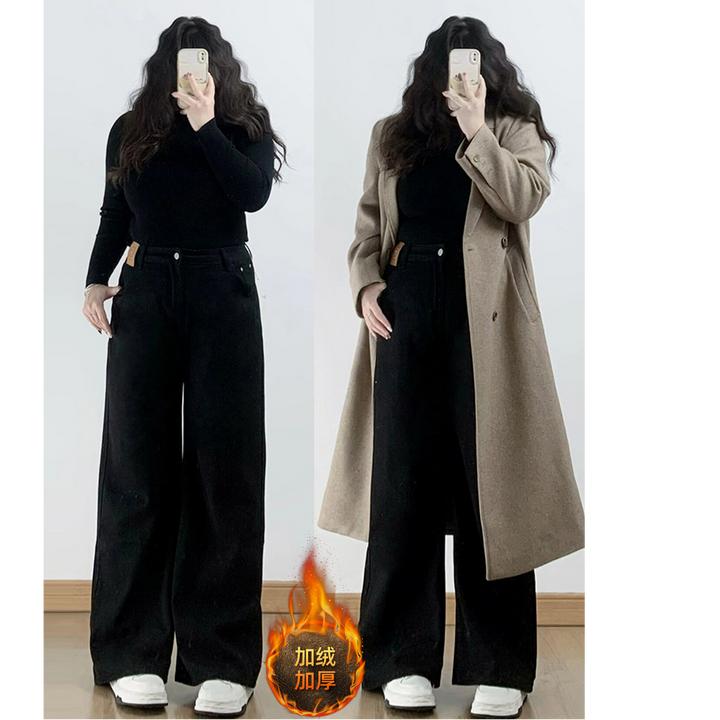 胖mm黑色垂感加绒直筒牛仔裤女大码保暖加厚显瘦百搭休闲阔腿长裤