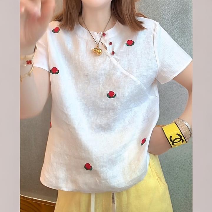 【红花朵亚麻T】2025刺绣花朵亚麻圆领短袖斜襟纽扣显瘦洋气T恤女潮