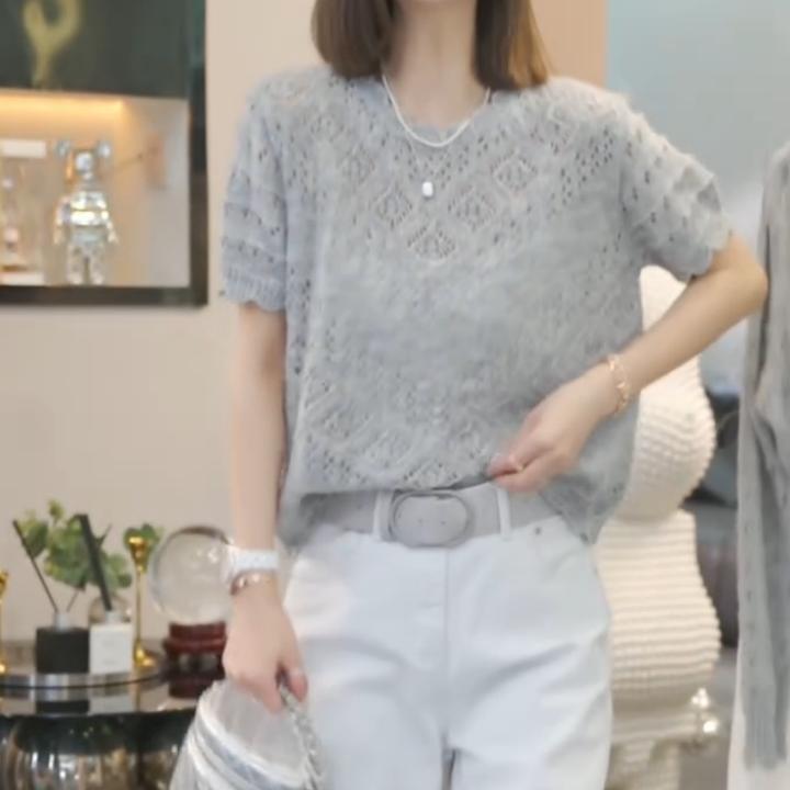 新款韩版灰色镂空钩花圆领短袖针织衫2025春季显瘦休闲时尚女装