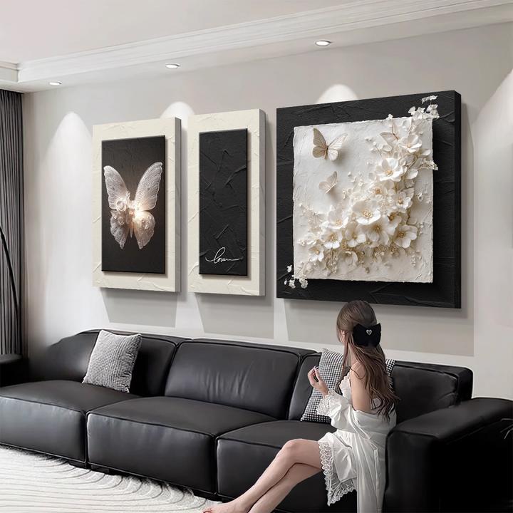 现代简约客厅装饰画轻奢高级感沙发背景墙挂画法式黑白蝴蝶三联画