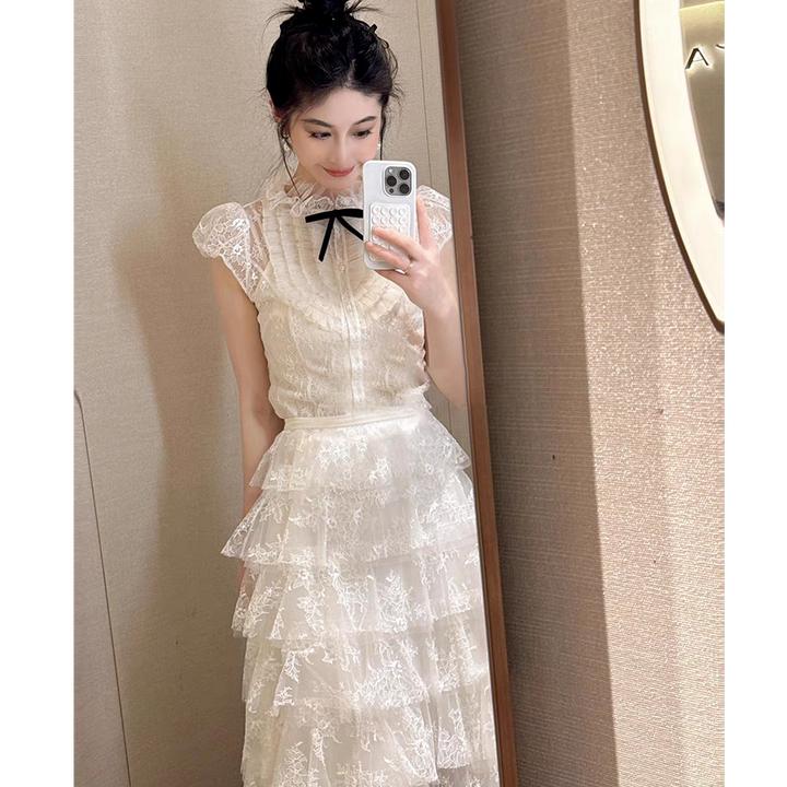 赵露思同款2025夏季新款芭蕾风白色蕾丝层层叠叠蛋糕长裙夏日套装