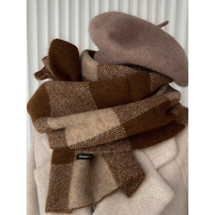 棕色格子围巾女冬季美拉德大衣穿搭氛围感咖啡色加厚保暖围脖男生