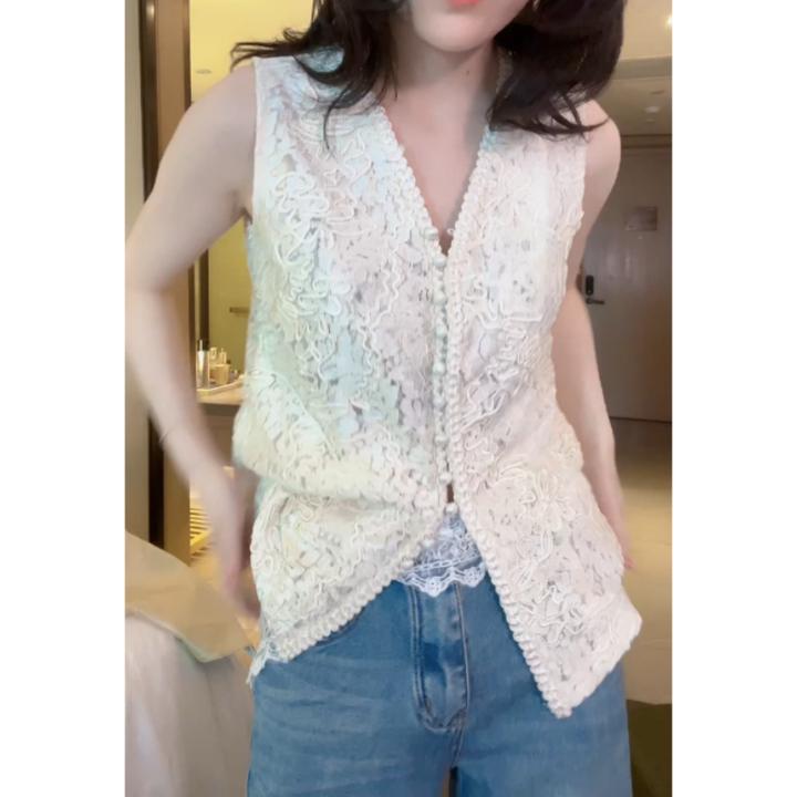 2025春季新款韩版名媛风V领钩花气质马夹LK2501670