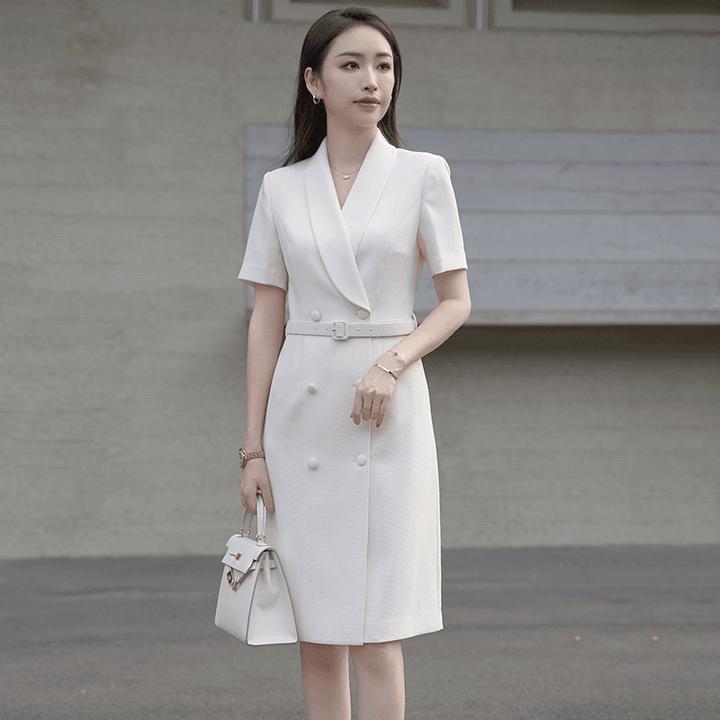 蓝色职业连衣裙女2025夏季新款主持人气质女神范职场面试通勤正装