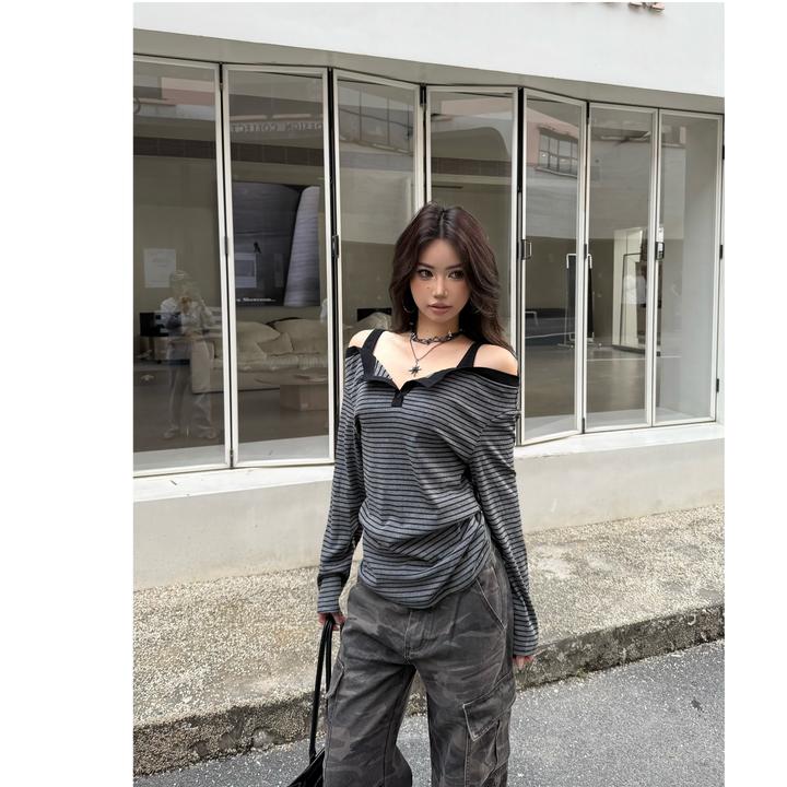 美式基础款休闲吊带露肩横条纹修身长袖T恤显瘦女ins上衣B1638