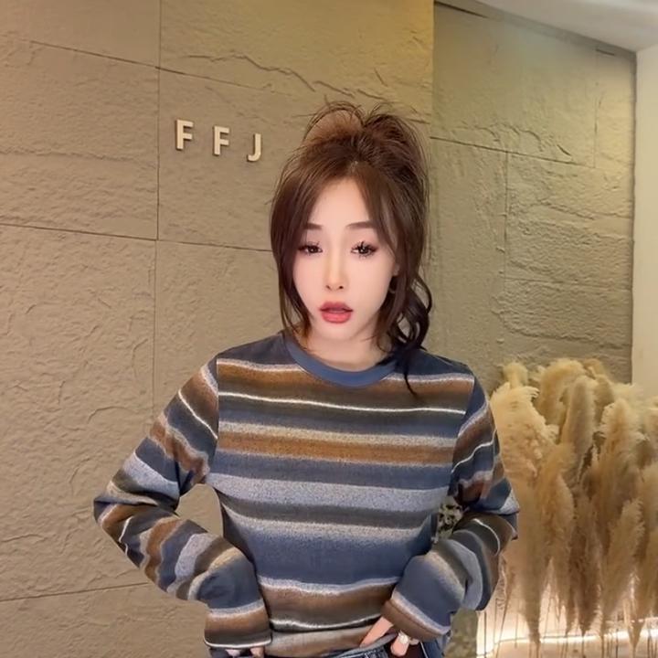 韩系条纹撞色针织衫女早秋新款上衣短袖打底休闲百搭时尚