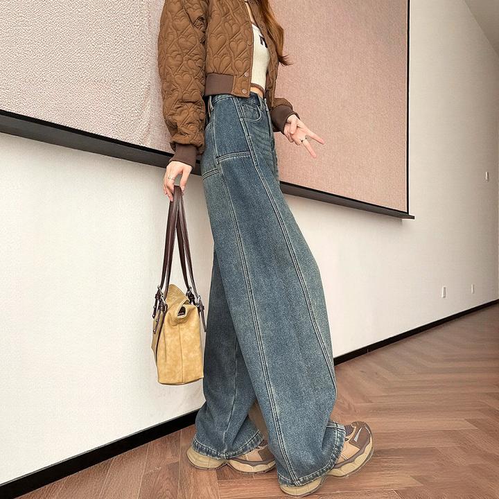 窄版阔腿牛仔裤女加绒冬季2025新款高腰垂感复古直筒宽松香蕉裤子