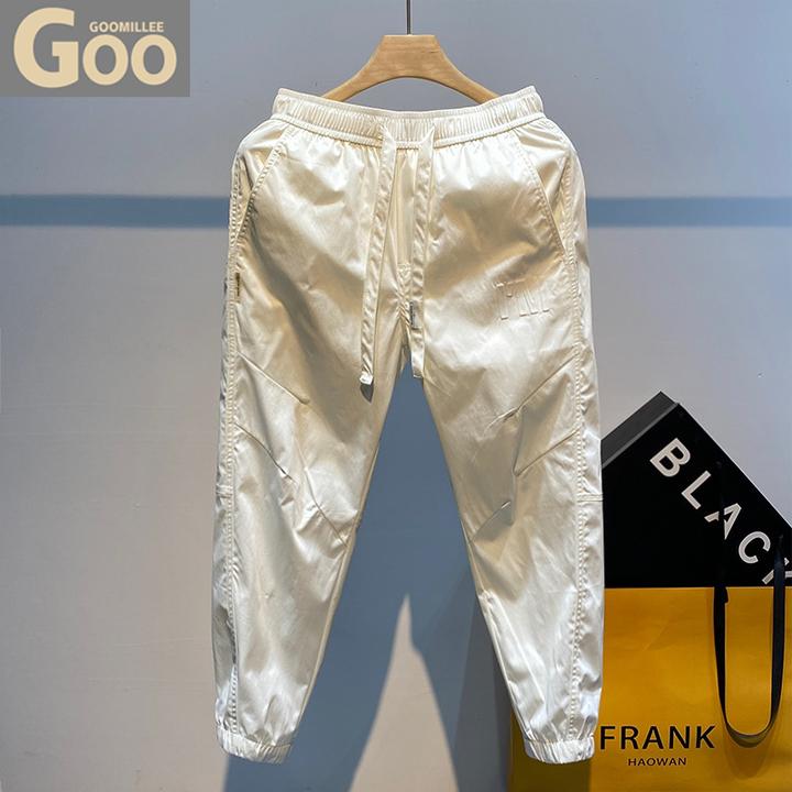 速干冰丝裤子男士秋季薄款宽松九分裤运动裤美式潮牌松紧腰休闲裤