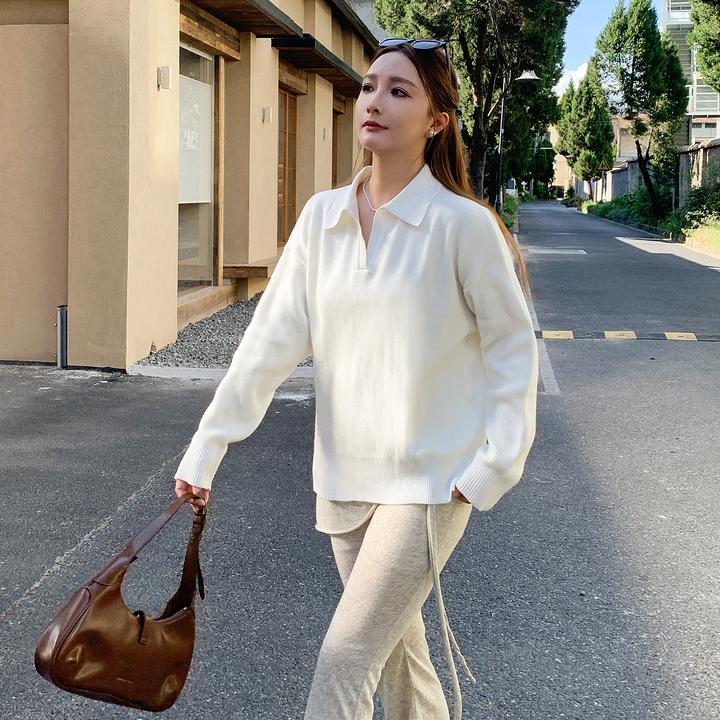 新款小众polo领毛衣针织衫女秋装韩版休闲慵懒风宽松v领套头上衣