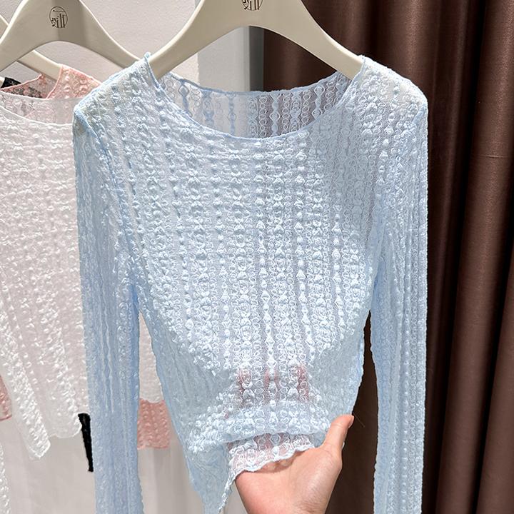 巨好看的蓝色微透轻薄长袖t恤2025新款女有设计感的法式蕾丝小衫