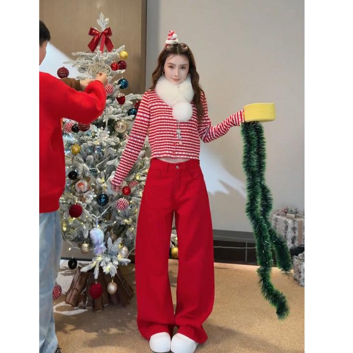 圣诞一整套2025秋冬新款时尚气质减龄韩系条纹上衣裤子两件套