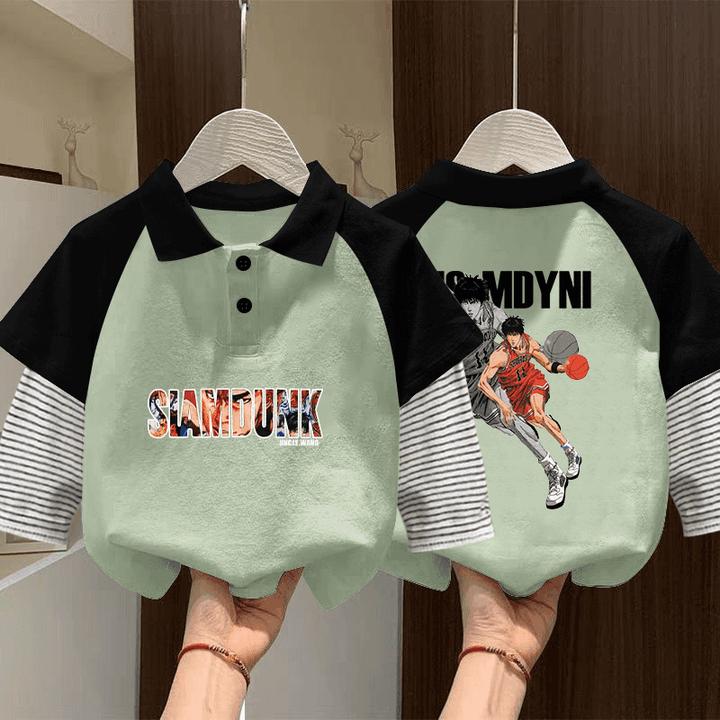 童装男童POLO杉2025春季儿童新款条纹长袖假两件上衣打底衫体恤潮