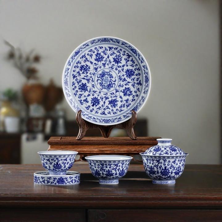 正宗景德镇青花瓷缠枝莲盖碗壶承主人杯功夫茶具套装家用茶杯盖置