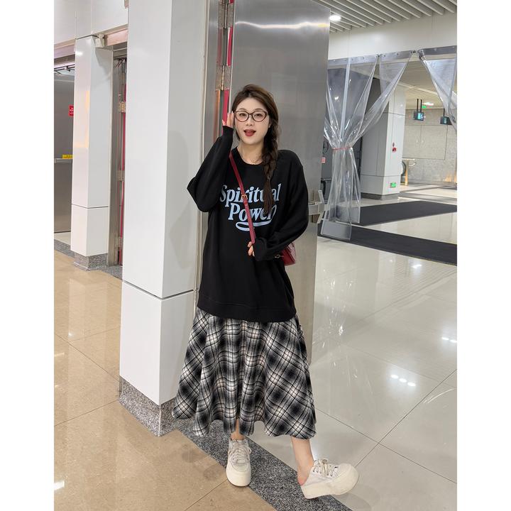 裂渡宣宣【小格调】微胖大码女秋时尚百搭假两件拼接连衣裙ZY507F76