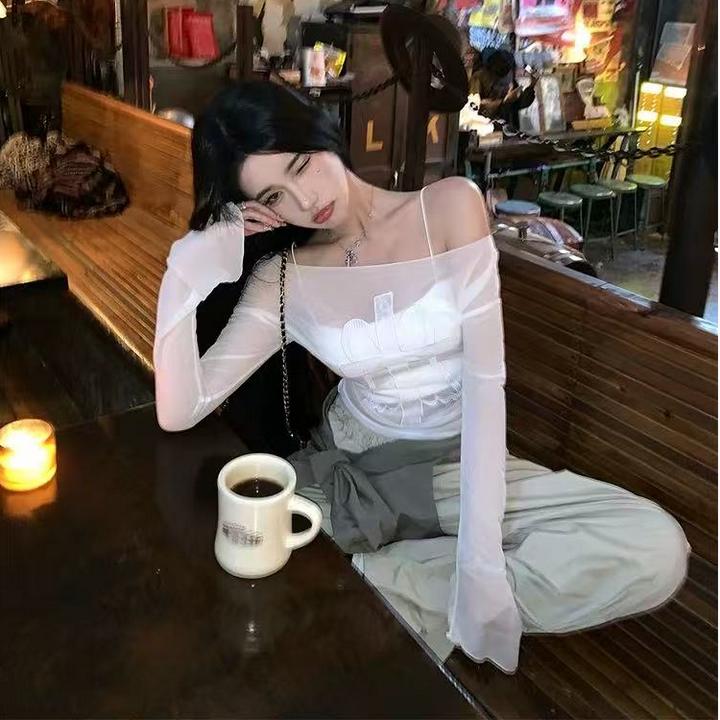 2025夏季新款美式性感辣妹风一字肩微透长袖上衣女配显瘦休闲长裤