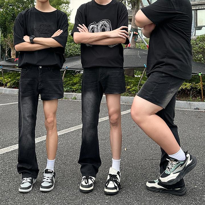 水洗黑色大码高弹微喇加绒牛仔裤男秋冬季美式复古显瘦微喇直筒裤