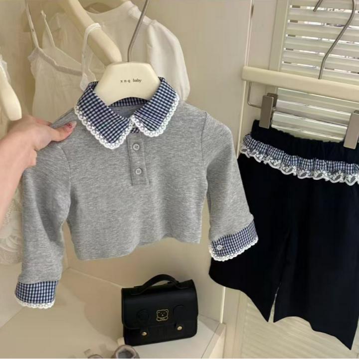 亲子款韩系甜美风女童格子花边领针织上衣阔腿套装时髦又舒适