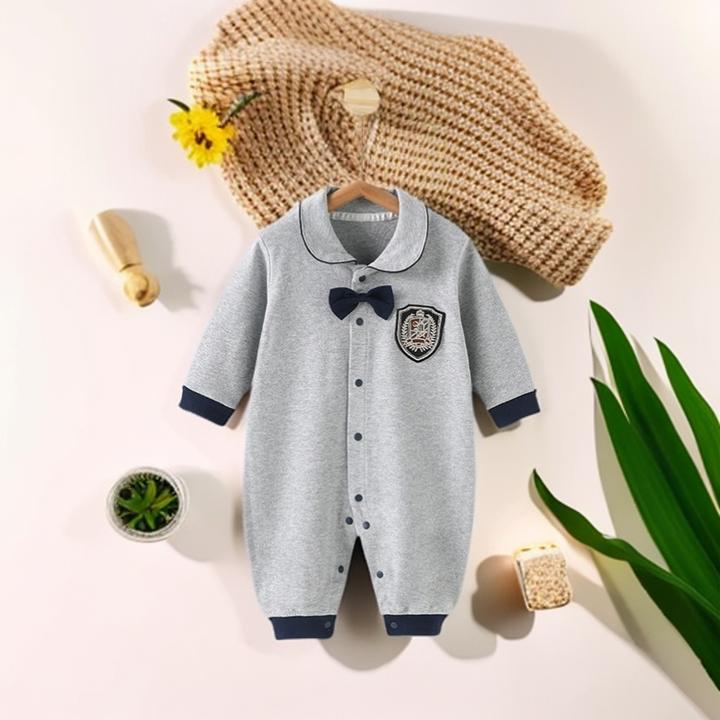 宝宝哈衣春秋英伦爬服翻领绅士风外出服婴儿连体衣周岁礼满月洋气