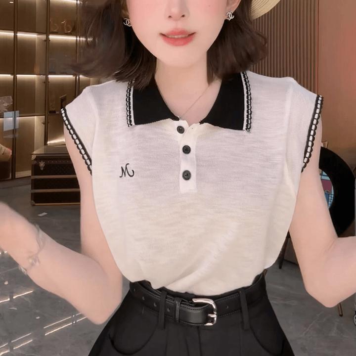 韩系撞色翻领刺绣无袖冰丝针织背心2025夏季女气质休闲上衣潮9301