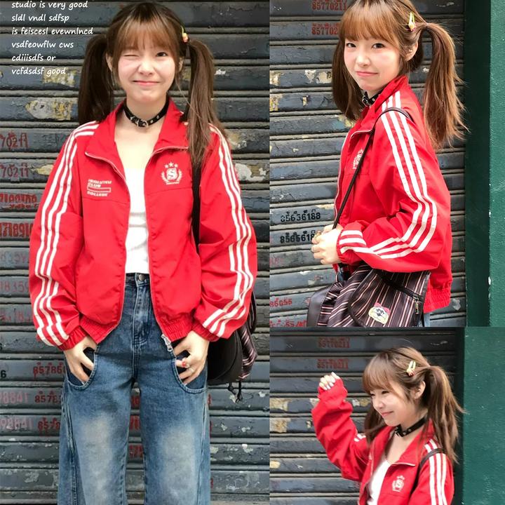 【iSaluteU】红色短款冲锋衣外套潮流三条杠夹克女秋季百搭上衣女