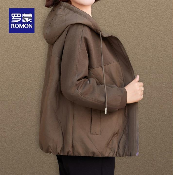 罗蒙中年妈妈春秋新款夹棉外套中老年人女装秋季时尚拼接连帽夹克