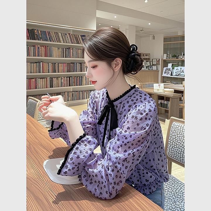 2025春季新款小衫超好看独特漂亮设计感小众紫色碎花泡泡袖衬衫女