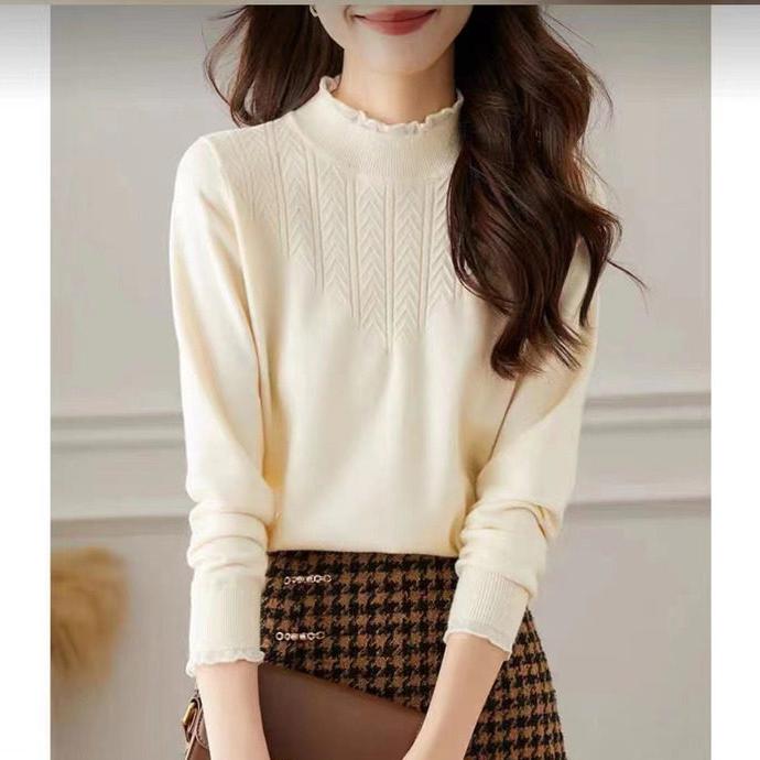 职业阿玛诗官2025秋冬新款法式半高领软糯麻花蕾丝边毛针织打底衫