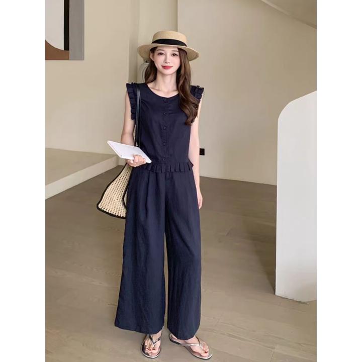 Y22931-夏时尚百搭圆领木耳边无袖马甲+阔腿裤两件套装女显瘦