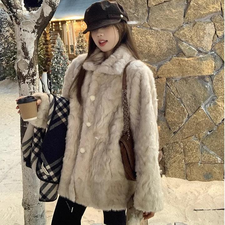 花狐染尖富家千金皮毛一体翻领毛毛外套女冬环保毛绒大衣冬季保暖