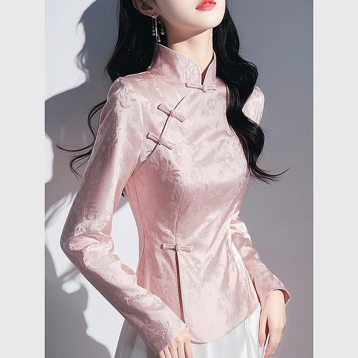 新中式高端国风粉色提花缎面衬衫2025早春女装复古盘扣收腰上衣女