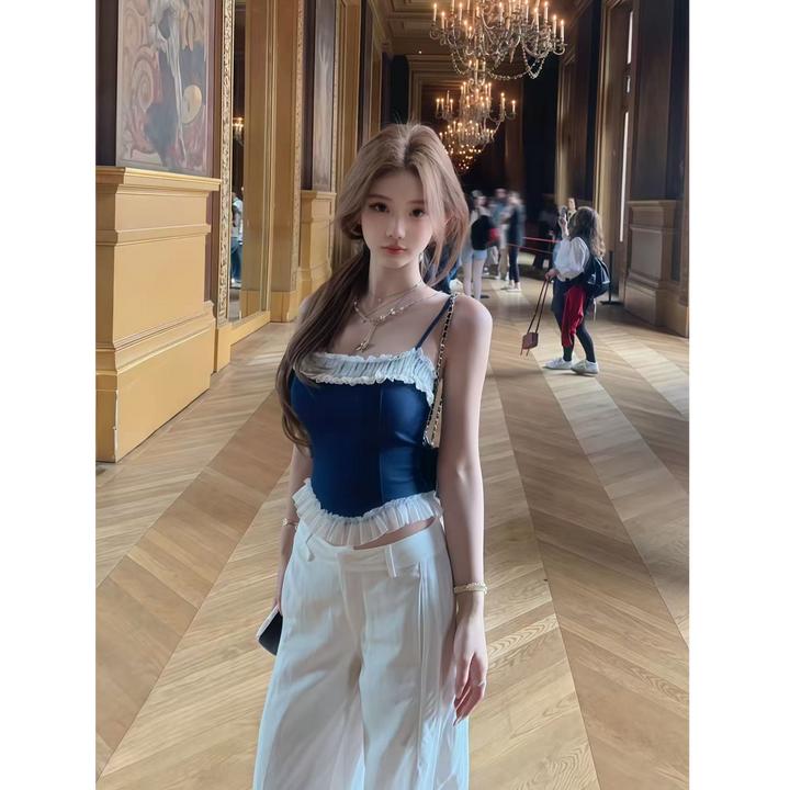 【少女香气】韩系甜辣穿搭2025夏季仿牛仔花边吊带上衣配休闲裤套装