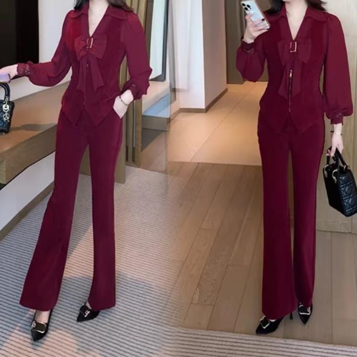 春季新款三件套气质显瘦时尚洋气减龄蝴蝶结修身套装休闲高腰红色