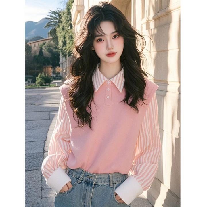 条纹拼接假两件衬衫女2025春季新款高级感洋气外穿衬衣气质上衣