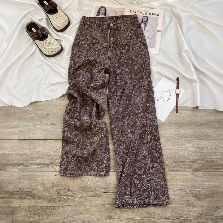 美拉德棕色阔腿牛仔裤女2025春秋装新款高腰显瘦宽松咖色直筒裤女