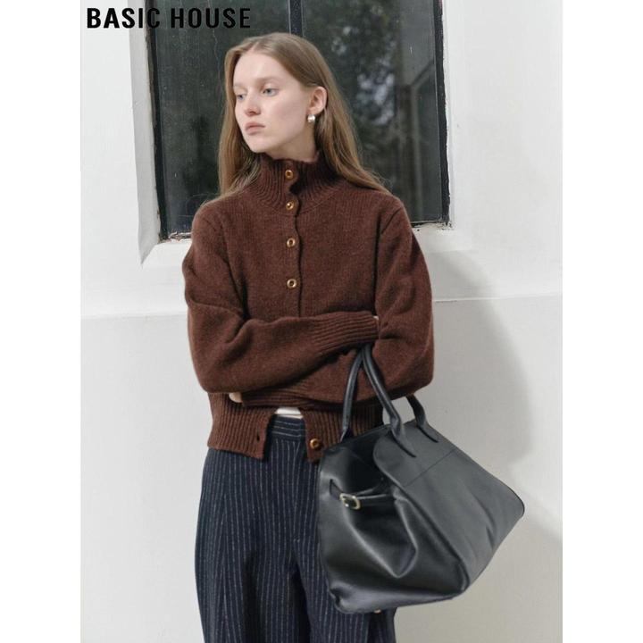 Basic House/百家好咖色100%羊毛高领毛衣外套女2025冬季针织开衫