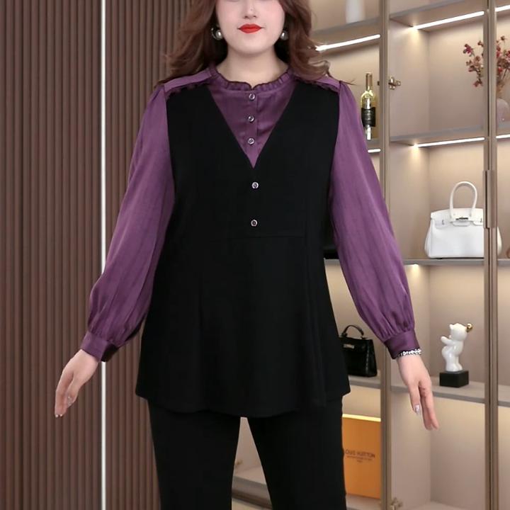 大码百搭女装微胖显瘦气质衬衫宽松洋气拼接假两件250183
